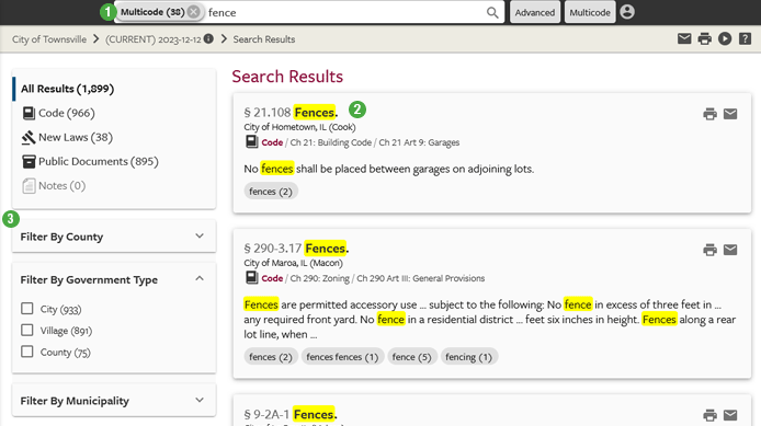 eCode360 screen showing Multicode results page